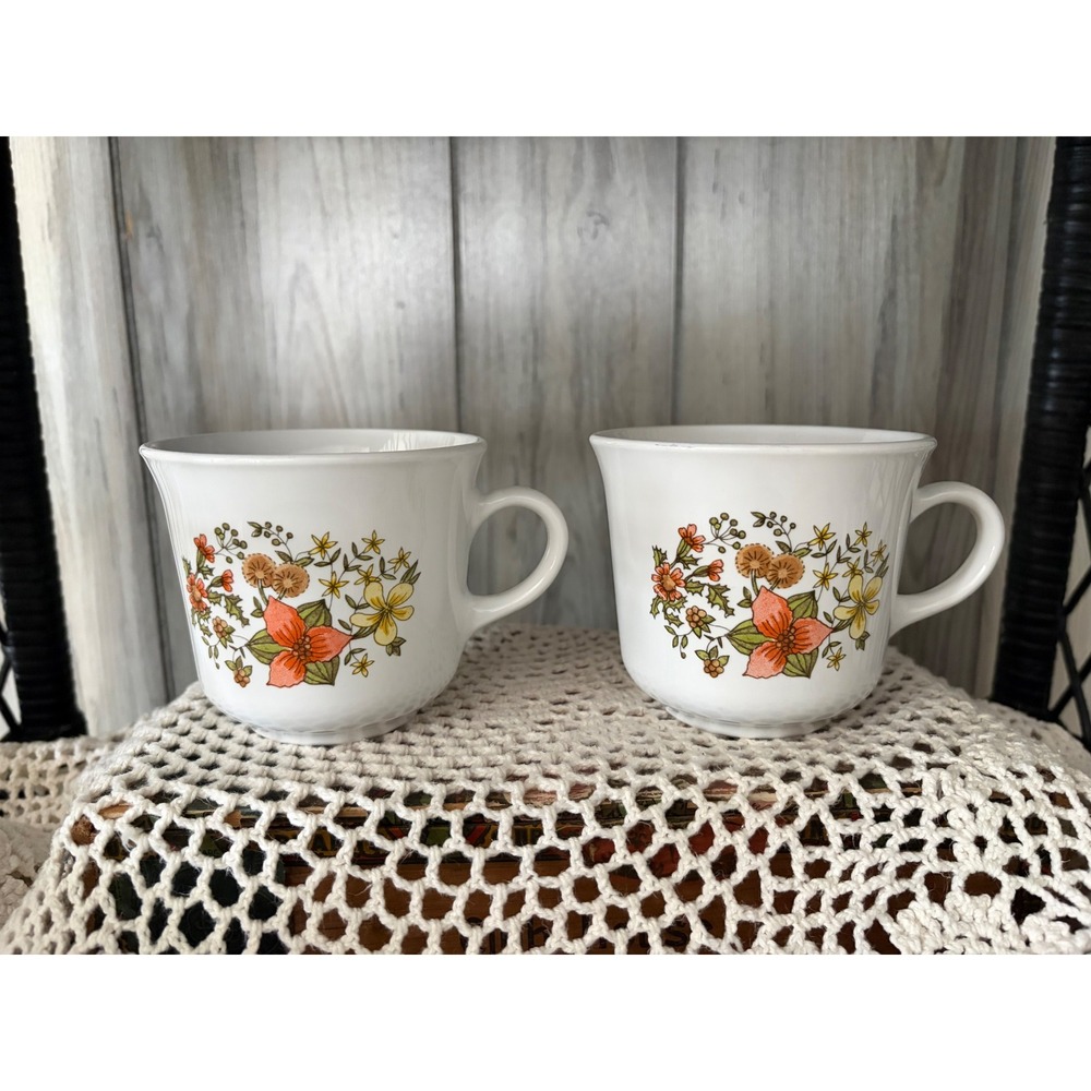 Corelle Coffee Mugs Set of 2 Vintage Corning Floral White Orange
